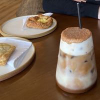 ‘Cheese’ and onion slice, vanilla crown, tiramisu iced lattee  at Barleys in Hull