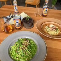 spinach pasta (changed from penne to linguine upon request) at Chutnej in Prague