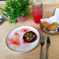 Beetroot tartar and lemonade. Good and well presented but small and a bit pricey at Chutnej in Prague