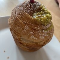 Pistachio ‘doughnut’ which was flaky pasty and filled with pistachio cream 😋 made by their sister company Krafin   at Chutnej in Prague