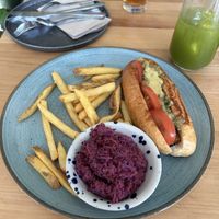 hot dog with coleslaw, fries  at Chutnej in Prague