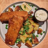 "Fish" Tofu with fried potatos and peas (and capers) at Chutnej in Prague