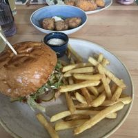 vegan burger (bottom), sauerkraut croquettes (middle), cauliflower steak (top)  at Chutnej in Prague