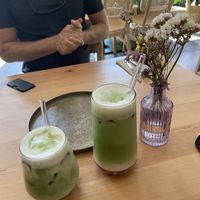 Iced matcha and raspberry matcha.  at Chutnej in Prague