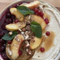 Pancakes with cashew cream and blueberries   at Chutnej in Prague