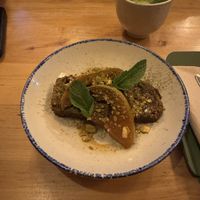 Mango banana bread with cocoa cream and pear  at Chutnej in Prague