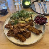 Oyster mushroom strips with cold potato-cucumber salad, side of pickled beetroot  at Chutnej in Prague