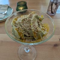 Matcha soft serve with mango at Chutnej in Prague