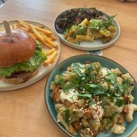 House burger and fries, Lions mane steak and potatoes and the Czech “gnocchi”.   at Chutnej in Prague