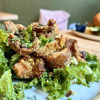 Fried oyster mushrooms with kale  at Chutnej in Prague
