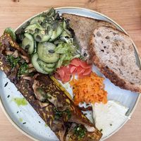 Mung bean omelette with mushrooms and salad  at Chutnej in Prague