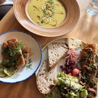 Sweetcorn soup, polenta croquettes, and mung bean omelette    at Chutnej in Prague