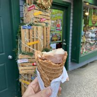 Vegan vanilla and chocolate on waffle cone   at Ben & Bill's Chocolate Emporium in Bar Harbor
