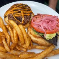 Plant based burger with amazing fries  at KoKo Cabana in Oak Island