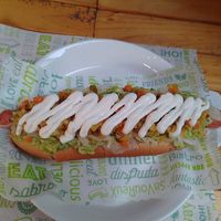 Dinámico - 24cm completo with vienesa, chukrut, salsa americana, tomate, palta y mayonesa at El Vegan in Santiago