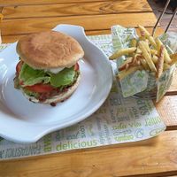 Burger with fries  at El Vegan in Santiago