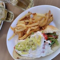 Completo chacarero (sausage, tomato, green beans, spicy peppers) at Fuente Rica Rica in Santiago