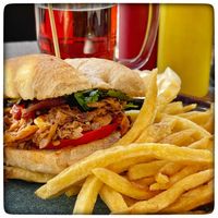 The oyster mushroom “mechada à la Peruvian” sandwich was delicious!!!  at Fuente Rica Rica in Santiago