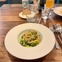 Spaghetti with green beans and hazelnut parmesan  at 98rto Osteria Contemporane in Bari