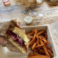 Jackfruit burger and sweet potato fries  at The Farm in Copenhagen