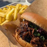 Pulled jackfruit burger with fries at The Farm in Copenhagen