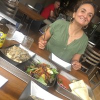 Mushroom tofu stroganoff, Spinach quesadillas with vegan cheese, and a very happy diner!  at The Rosendale Cafe in Rosendale