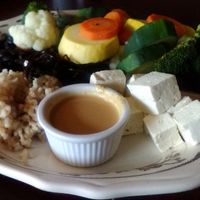 The Rosendale Cafe's "Zen Platter," one of the restaurant's vegan offerings, from a visit in May 2017. This entree was ordered with the steamed vegetables cooked al dente. The reviewer chose the tahini sauce, seen in the foreground. In addition to the veggies and sauce, the dish also includes tofu, black beans, and brown rice.  at The Rosendale Cafe in Rosendale