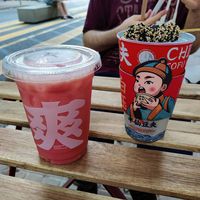 Watermelon drink and black sesame dango at Chinese Tofu Magician in Barcelona