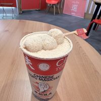 Soy milk with jasmine tea, jelly inside and dango on top.   at Chinese Tofu Magician in Barcelona