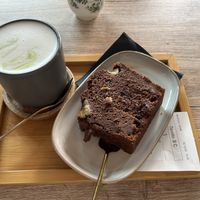 macha oat latte and chocolate banana bread  at Bgood in Milan
