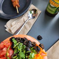 Jazzy bowl sub sour cream and cheese for red cabbage and carrots (very yummy) and bbq tofu skewer (meh) at Cafe Yumm! - Old Mill District in Bend