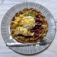 A-B-C Waffle with banana, mango, kiwi, dragonfruit, coconut ice cream, and almond butter drizzle.   at Oatberry Cafe - Scotts Square in Central Singapore