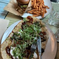 Egplant-”chicken” flatbread and meatingles burger with fries  at Junk y Vegan in Helsinki