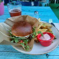 Faux chicken burger with chips at Junk y Vegan in Helsinki