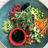 Bowl with cauliflower couscous and “chicken"  at Junk y Vegan in Helsinki