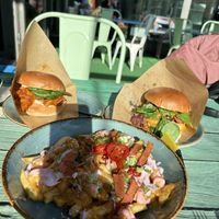 Two burgers and dirty fries (chips and sauces, really nice)  at Junk y Vegan in Helsinki