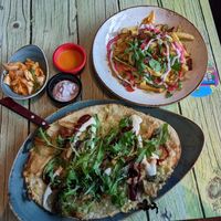 Kimchi, chickles flatbread, loaded fries at Junk y Vegan in Helsinki