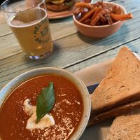 Tomato soup, toastie, sp fries and burger   at Junk y Vegan in Helsinki