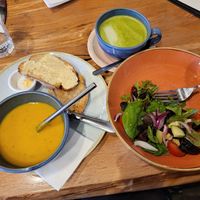 Soup & salad (half eaten!) and matcha latte at Deli Gasta in Isle Of Skye