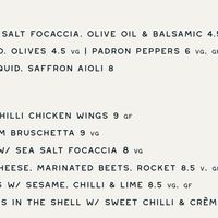 Dinner menu part 1 at Artist Residence in Penzance