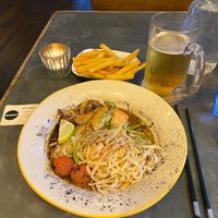 Miso Ramen, local beer, and fries! at Artist Residence in Penzance