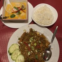 Thai fried rice and red curry with jasmine rice. The red curry flavour is amazing.   at Ristta Thai Food in Tenerife