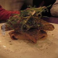 Pistachio and pepper dusted tofu.  Had an interesting white sauce at the bottom, my husband loved it and my friend and I didn't care for it!  at V Note in New York City