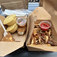 Fries, fried tofu, and cornbread .  at Yummvees in Richmond