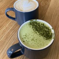 Matcha latte and latte at Communitea Cafe in Canmore