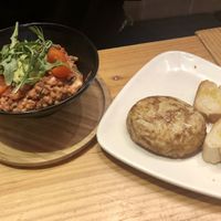 Lentil salad and potato omelette. Yum    at Super Vegan in Barcelona