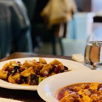Top left: Gong Bao King Oyster Mushroom, right: Mapo Tofu, bottom left: deep fried tofu with salt and pepper.  at Tofu Vegan - Islington in North London
