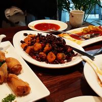 Spring rolls and chilli chicken.  at Tofu Vegan - Islington in North London