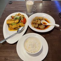 Deep fried ‘fish’ & wantan, and white rice  at Tofu Vegan - Islington in North London