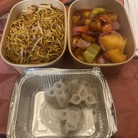 Special Fried Noodles, Sichuan Style, Cantonese Sweet-and-Sour 'Chicken', & Steamed Tofu and Mushroom Dumplings  at Tofu Vegan - Islington in North London